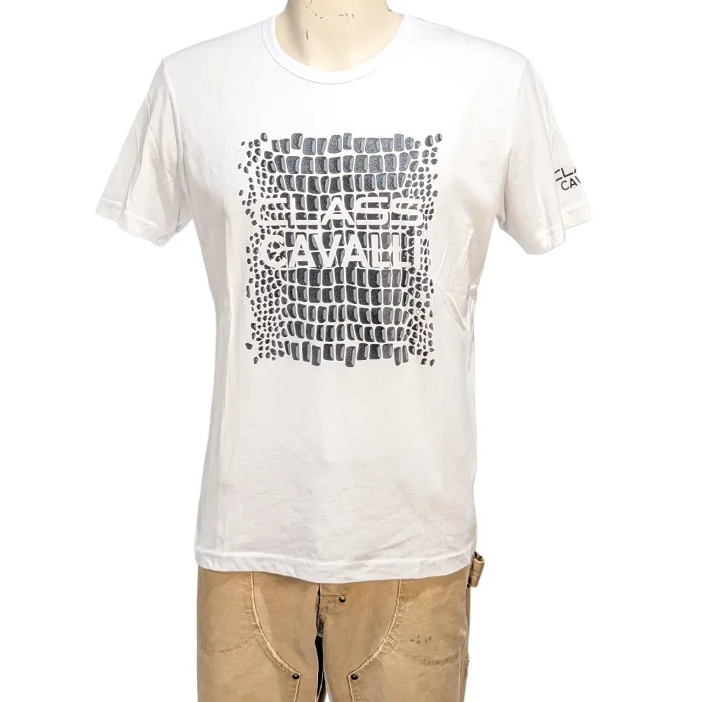 Cavalli Class Men's White Cotton Crocodile Print Graphic Logo T-Shirt Sz L NWT